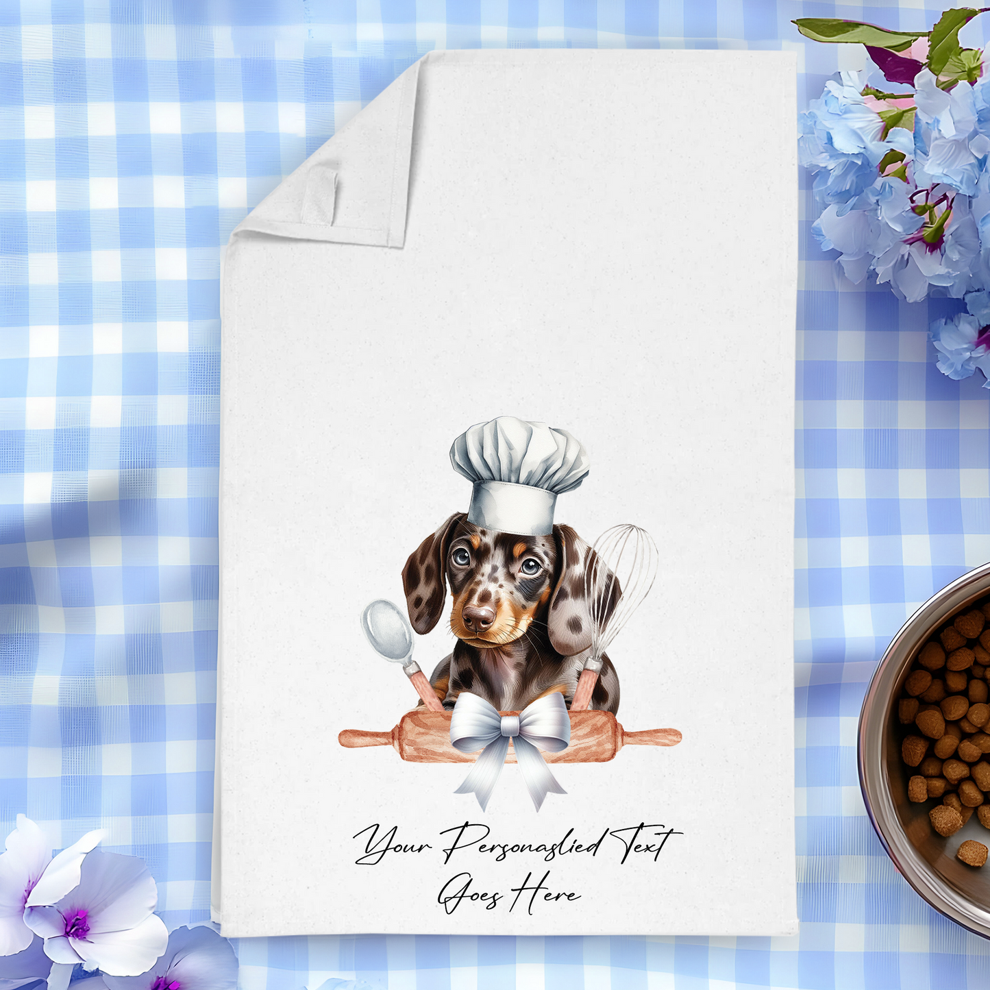 Personalised Dog In Chef Hat Gift Tea Towel - Dappled Chocolate Dachshund