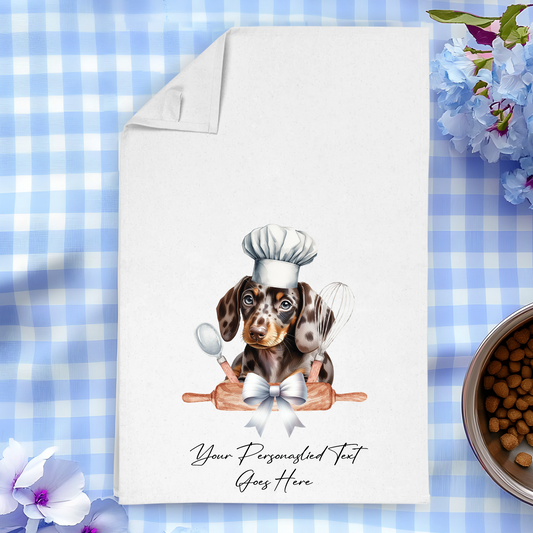 Personalised Dog In Chef Hat Gift Tea Towel - Dappled Chocolate Dachshund