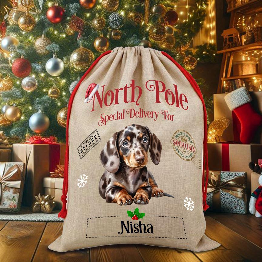 Personalised Dog Dappled Chocolate Dachshund – North Pole Special Delivery Santa Sack Pet Gift, by Floppsie Moppsie – floppsiemoppsie at floppsiemoppsie.co.uk