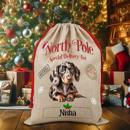 Personalised Dog Dappled Chocolate Dachshund – North Pole Special Delivery Santa Sack Pet Gift, by Floppsie Moppsie – floppsiemoppsie at floppsiemoppsie.co.uk