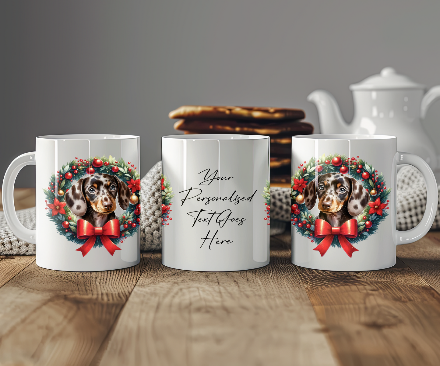 Personalised Dappled Chocolate Dachshund Dog Christmas Wreath Gift Mug