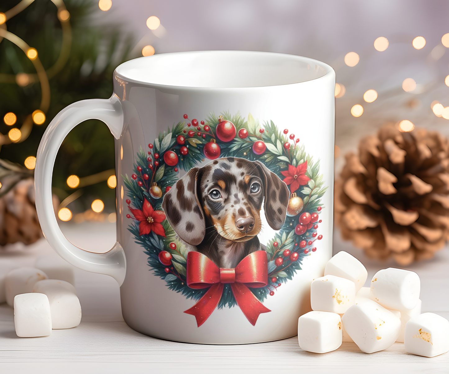 Personalised Dappled Chocolate Dachshund Dog Christmas Wreath Gift Mug