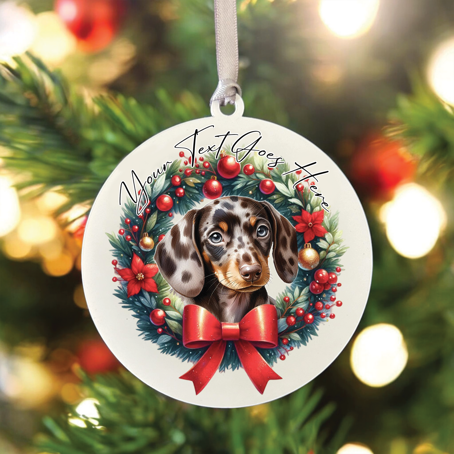 Personalised Dappled Chocolate Dachshund Dog Christmas Wreath - Hanging Bauble Decoration