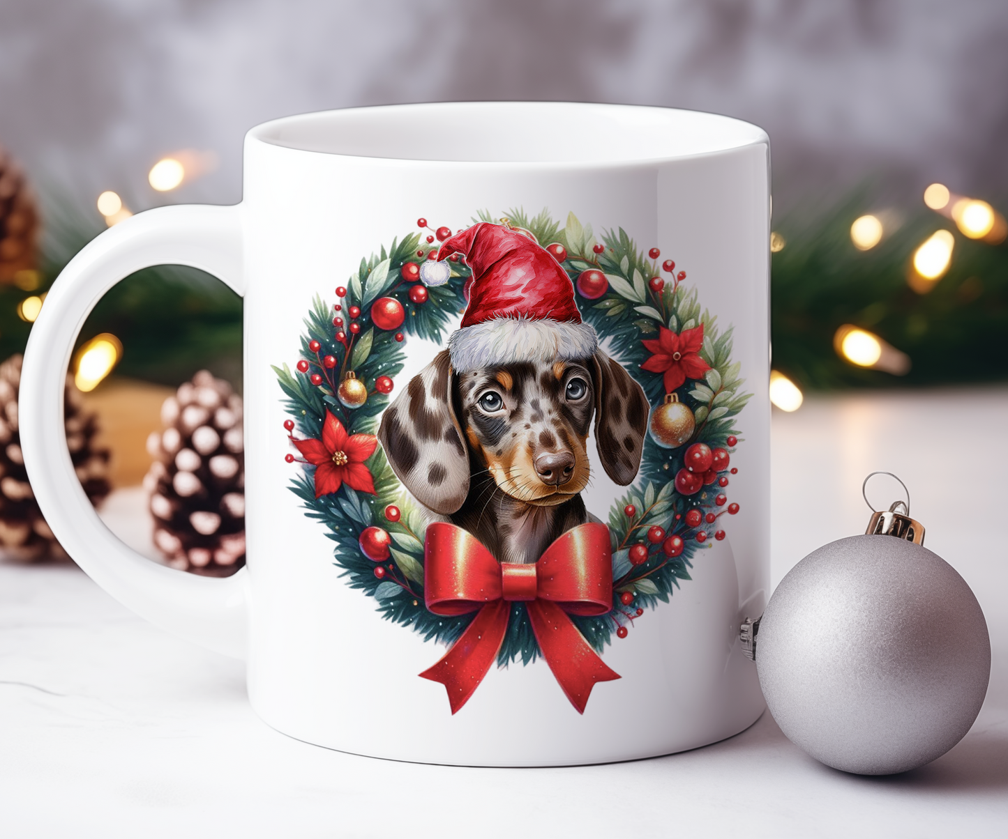 Personalised Dappled Chocolate Dachshund Dog Christmas Wreath Gift Mug