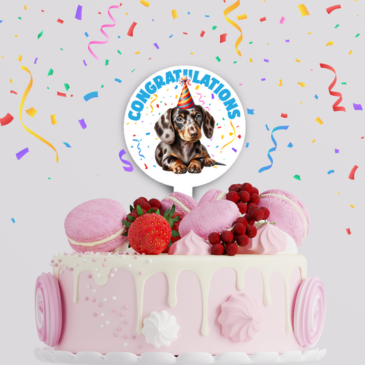 Personalised Dog Party Hat Cake Topper - Dappled Chocolate Dachshund