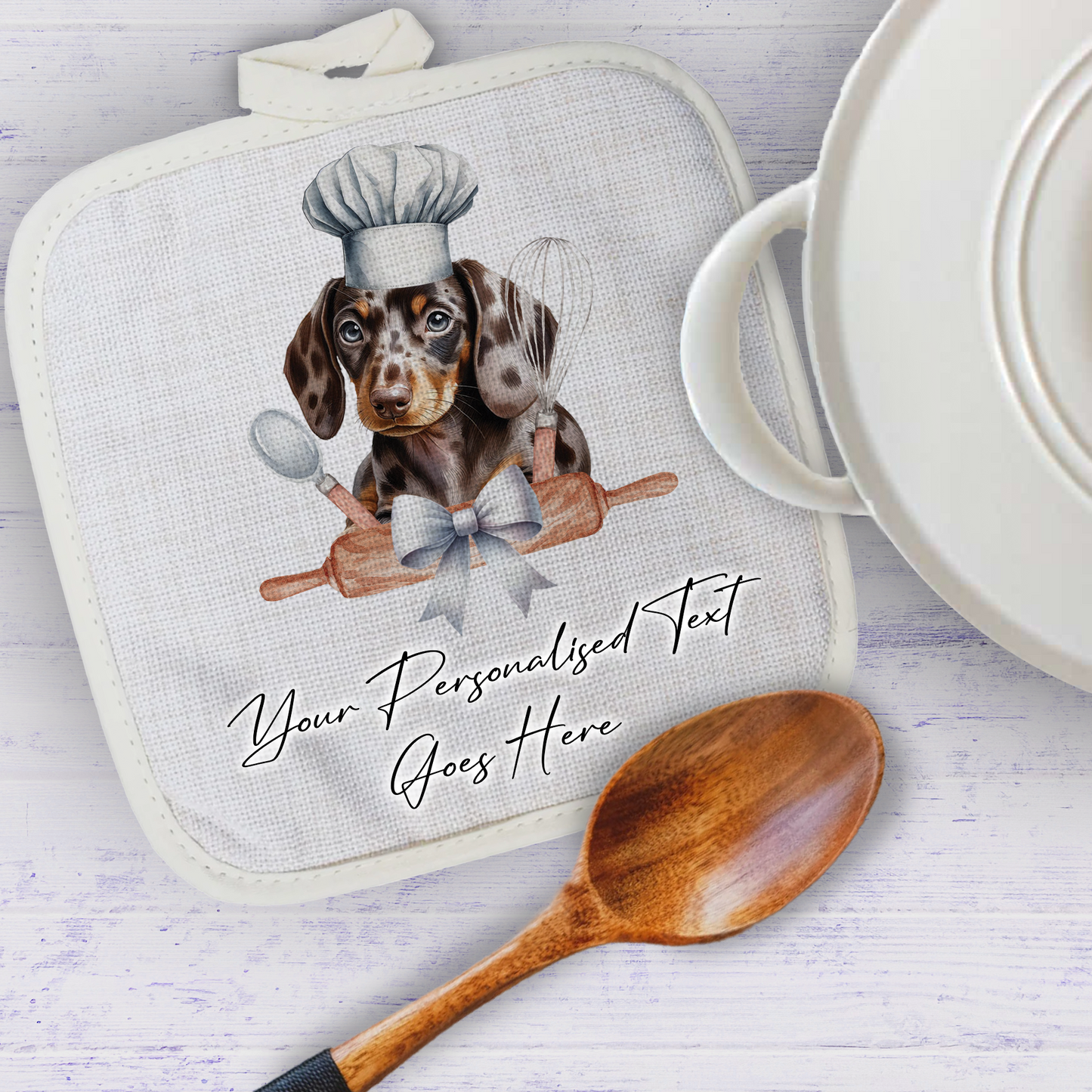 Personalised Dog In Chef Hat Gift Pot Holder / Grab - Dappled Chocolate Dachshund