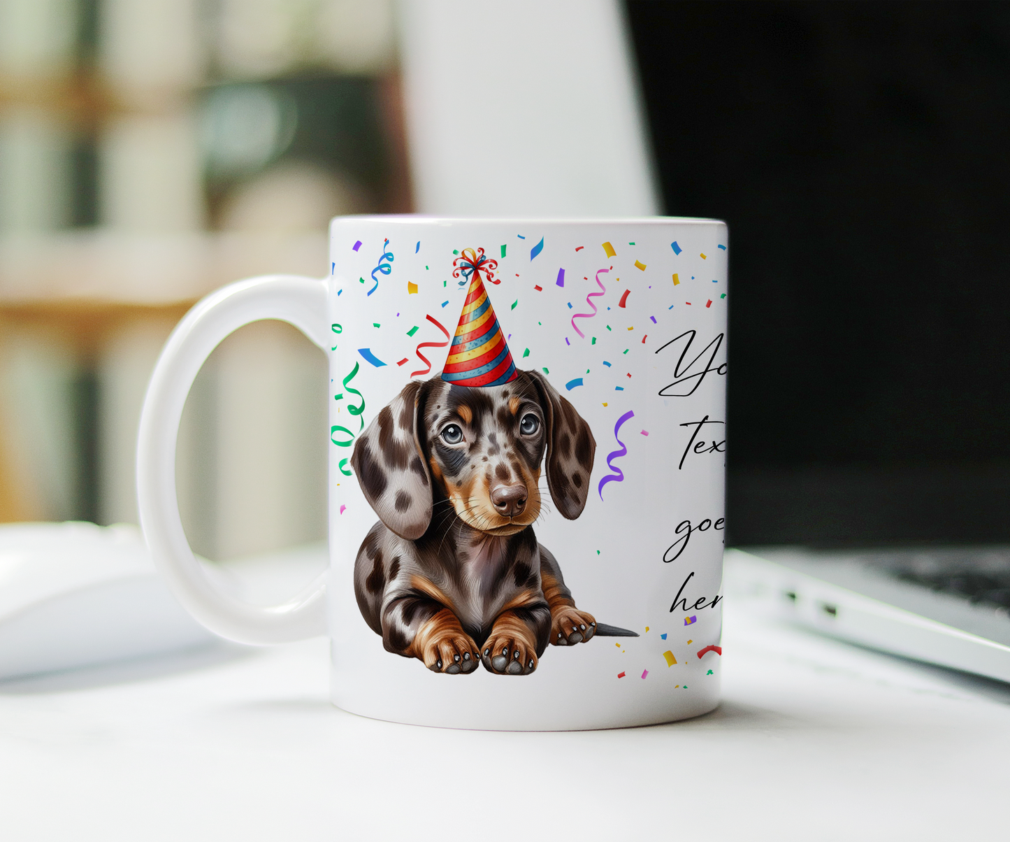 Personalised Dog Gift Mug - Dappled Chocolate Dachshund with Birthday Congratulations Party Hat