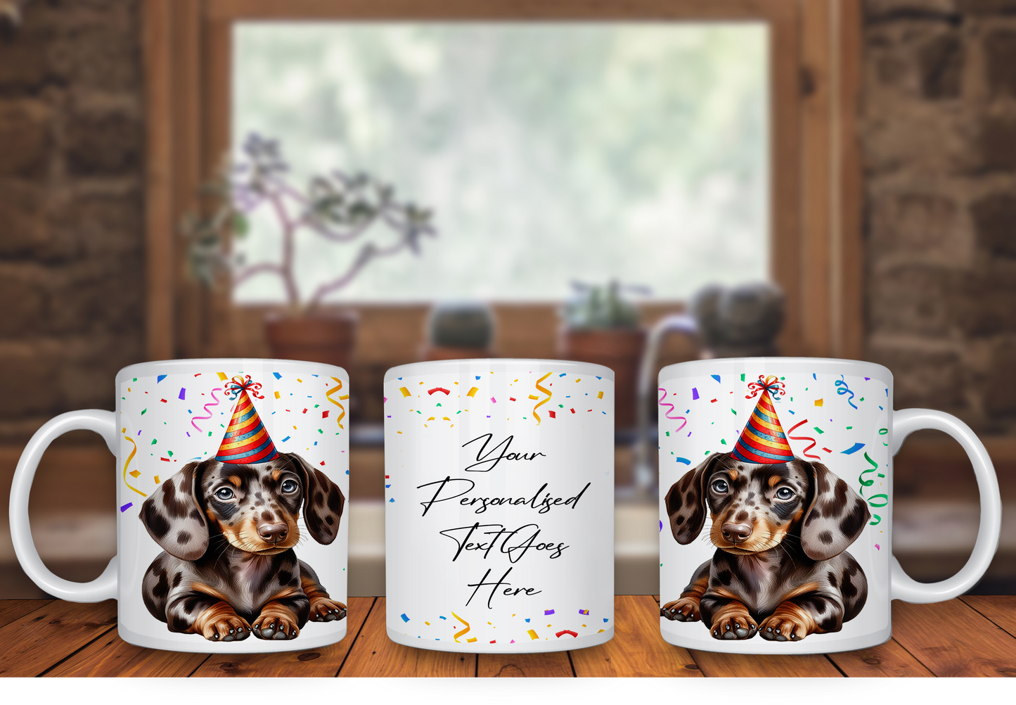 Personalised Dog Gift Mug - Dappled Chocolate Dachshund with Birthday Congratulations Party Hat