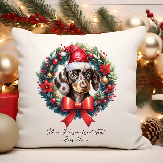 Personalised Dappled Chocolate Dachshund with Santa Hat in a Christmas wreath - Keepsake Gift cushion, by Floppsie Moppsie – floppsiemoppsie at floppsiemoppsie.co.uk