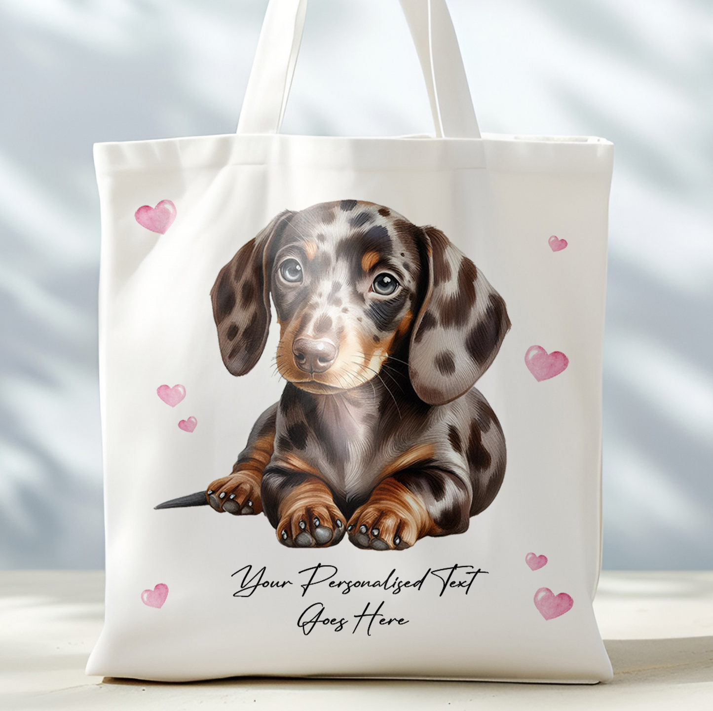 Personalised Dog Love Hearts Dappled Chocolate Dachshund Tote Bag