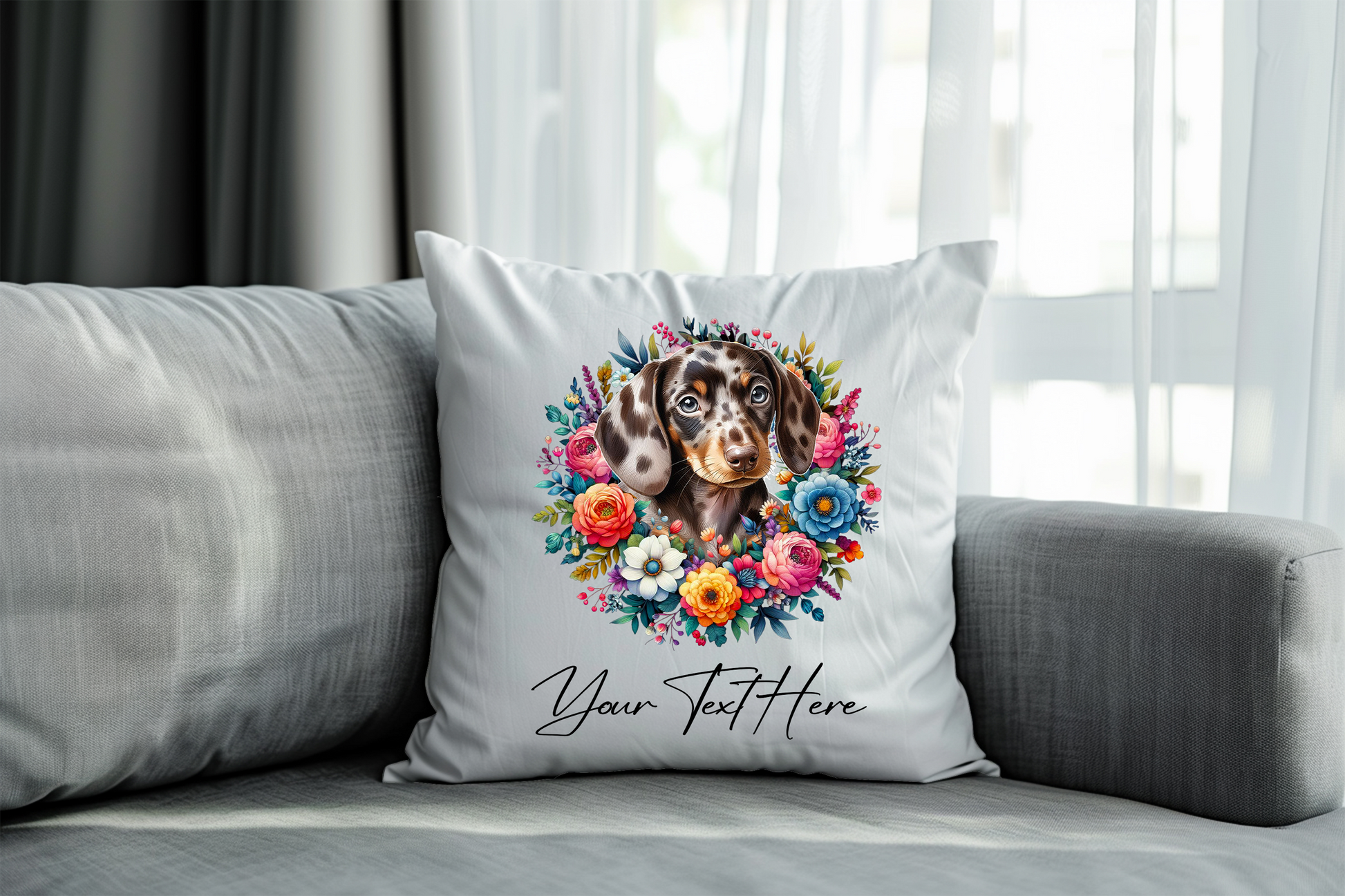 Personalised Floral Summer Pet Dog Wreath with Dappled Chocolate Dachshund - Keepsake Gift Cushion, by Floppsie Moppsie – floppsiemoppsie at floppsiemoppsie.co.uk