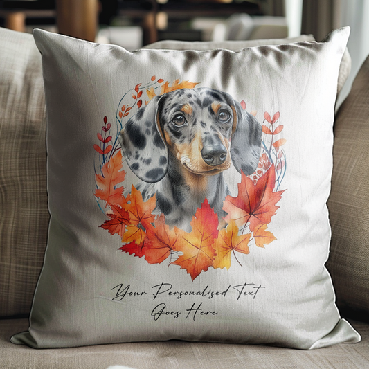 Personalised Dappled Silver Dachshund in an Autumn wreath - Keepsake Gift cushion, by Floppsie Moppsie – floppsiemoppsie at floppsiemoppsie.co.uk