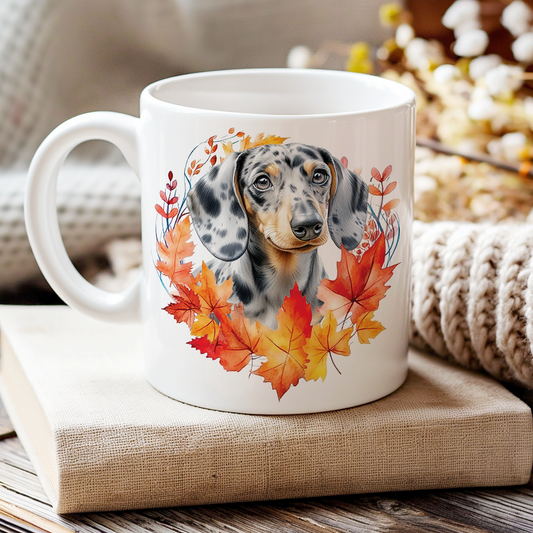 Personalised Dappled Silver Dachshund in an Autumn wreath - Keepsake Mug, ideal gift for Birthday and Christmas Gift, by Floppsie Moppsie – floppsiemoppsie at floppsiemoppsie.co.uk