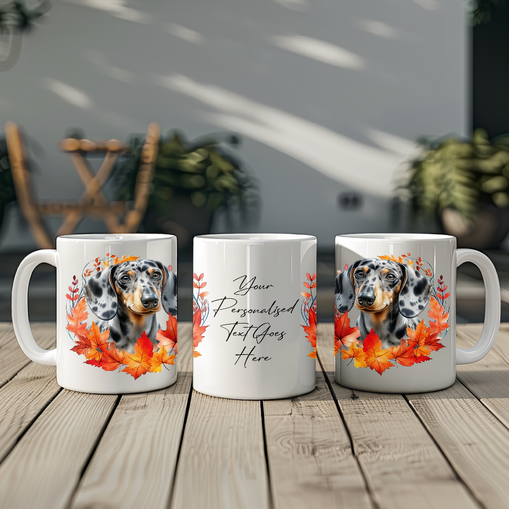 Personalised Dappled Silver Dachshund in an Autumn wreath - Keepsake Mug, ideal gift for Birthday and Christmas Gift, by Floppsie Moppsie – floppsiemoppsie at floppsiemoppsie.co.uk