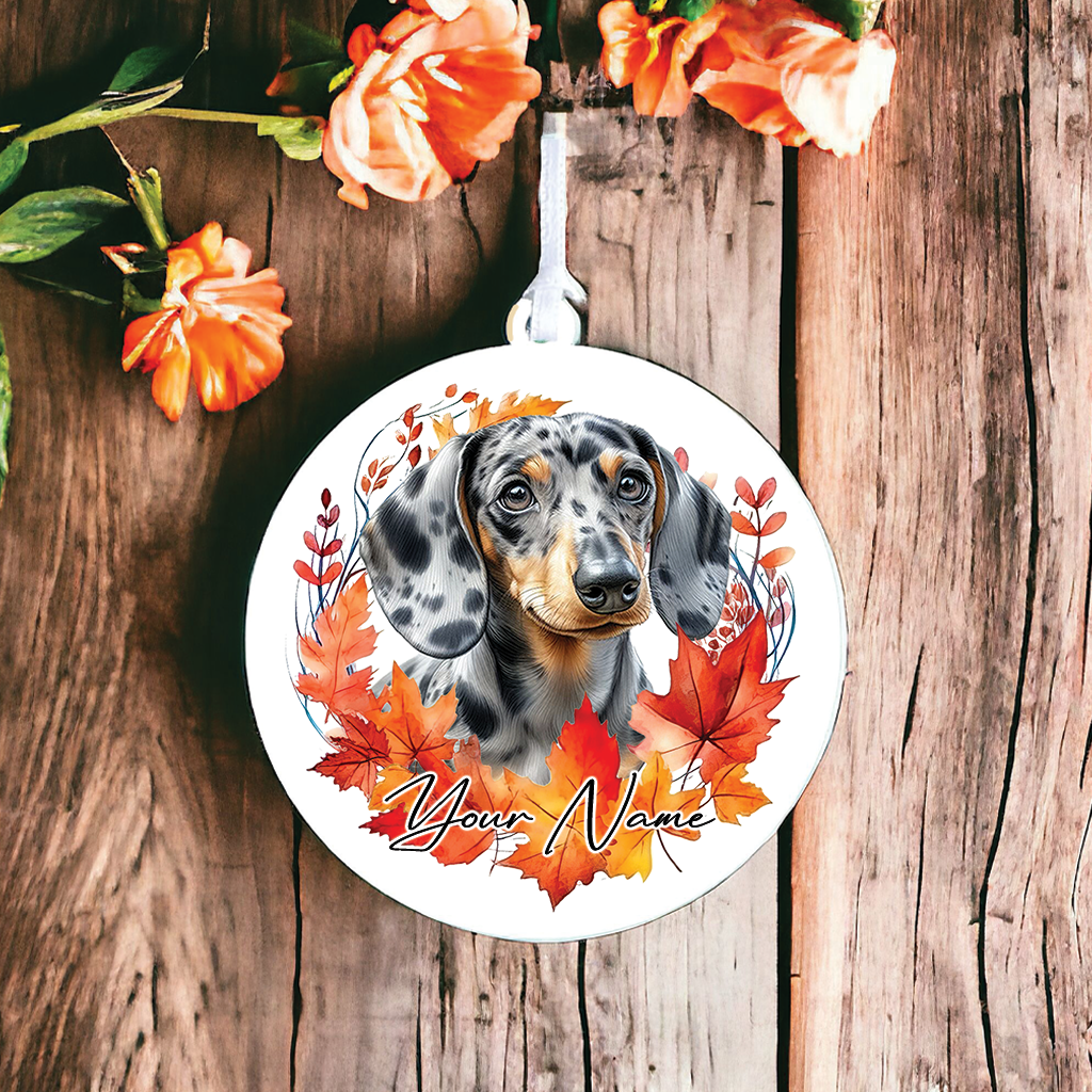 Personalised Dog Dappled Silver Dachshund in an autumn wreath - Keepsake Gift Hanging Decoration, by Floppsie Moppsie – floppsiemoppsie at floppsiemoppsie.co.uk