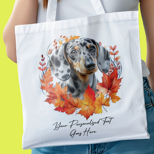 Personalised Dog Autumn Wreath Dappled Silver Dachshund Tote Bag