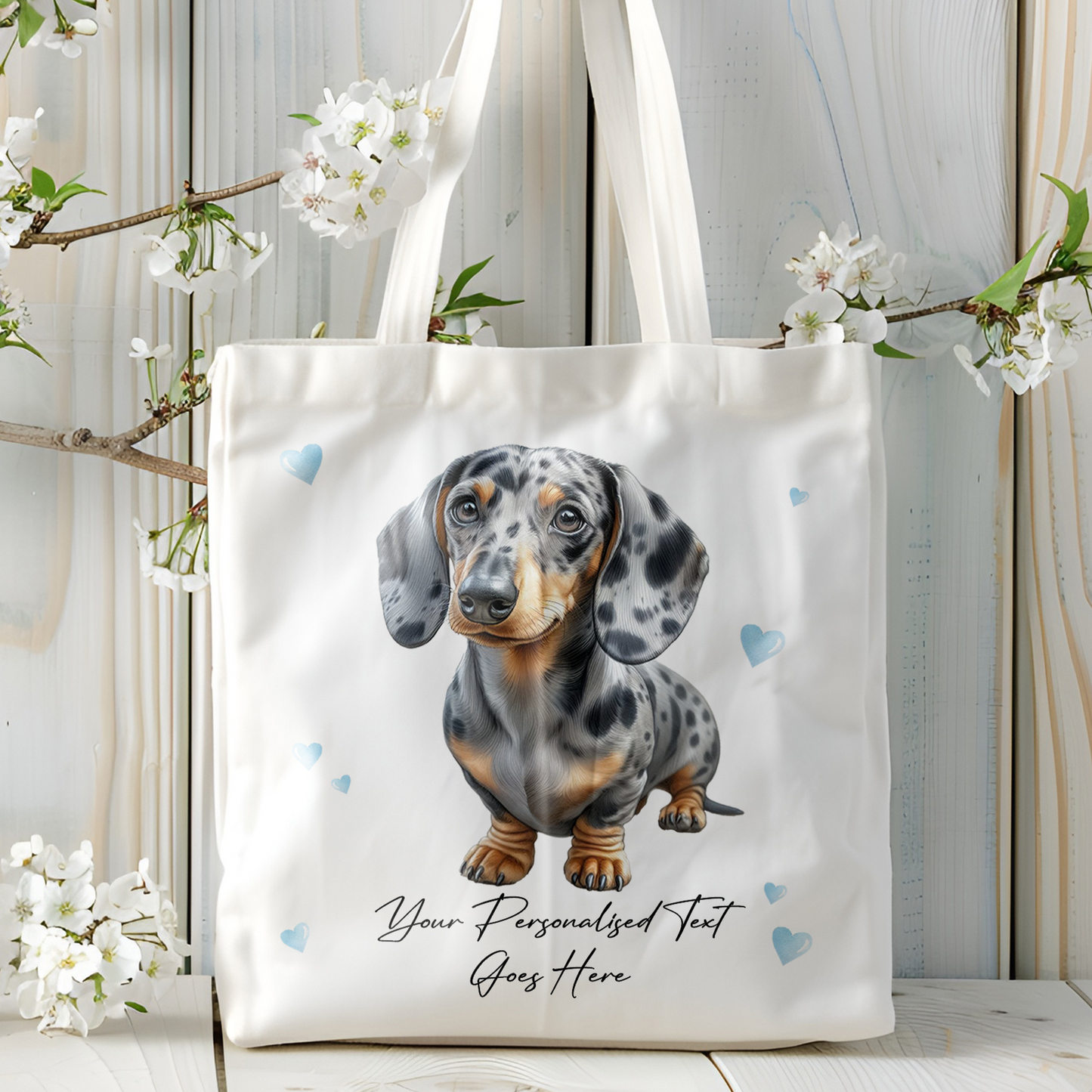 Personalised Dog Love Hearts Dappled Silver Dachshund Tote Bag