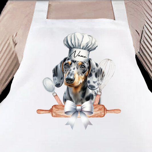 Personalised Pet Chef Dog - Dappled Silver Dachshund - Keepsake Gift Kitchen Baking Cooking Apron, by Floppsie Moppsie – floppsiemoppsie at floppsiemoppsie.co.uk