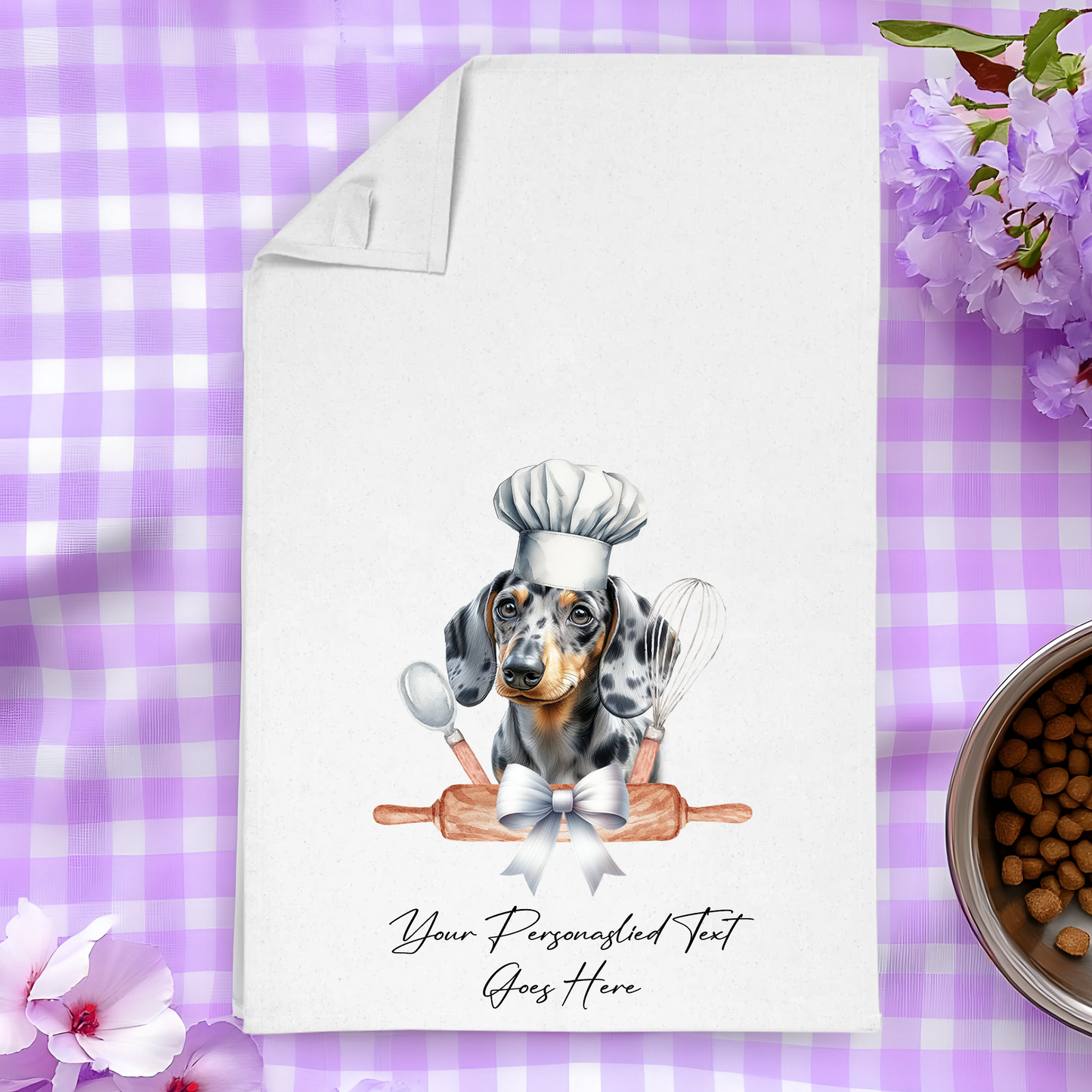 Personalised Dog In Chef Hat Gift Tea Towel - Dappled Silver Dachshund