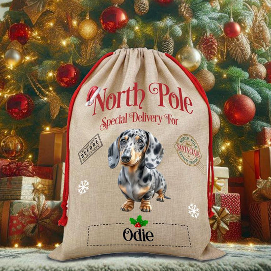 Personalised Dog Dappled Silver Dachshund – North Pole Special Delivery Santa Sack Pet Gift, by Floppsie Moppsie – floppsiemoppsie at floppsiemoppsie.co.uk