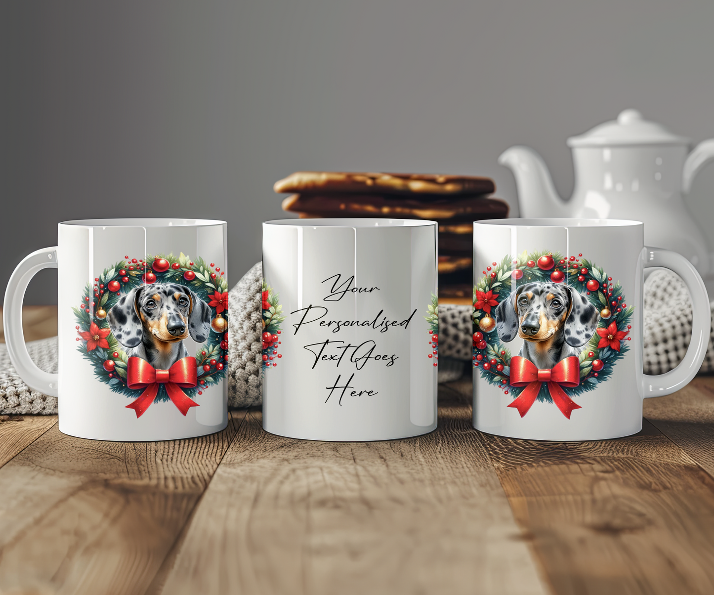 Personalised Dappled Silver Dachshund Dog Christmas Wreath Gift Mug