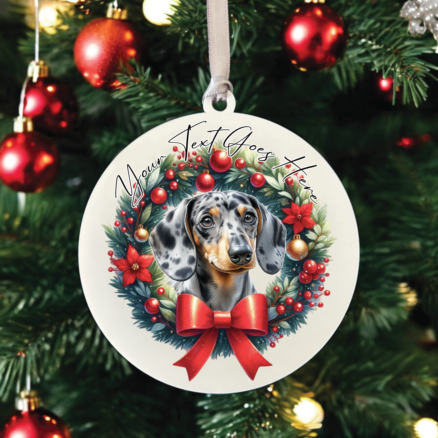 Personalised Dappled Silver Dachshund Dog Christmas Wreath - Hanging Bauble Decoration