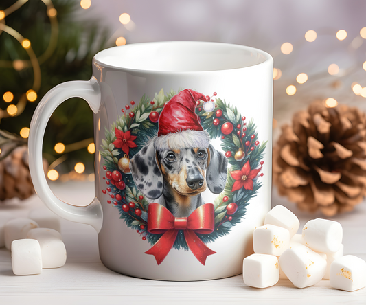 Personalised Dappled Silver Dachshund Dog Christmas Wreath Gift Mug