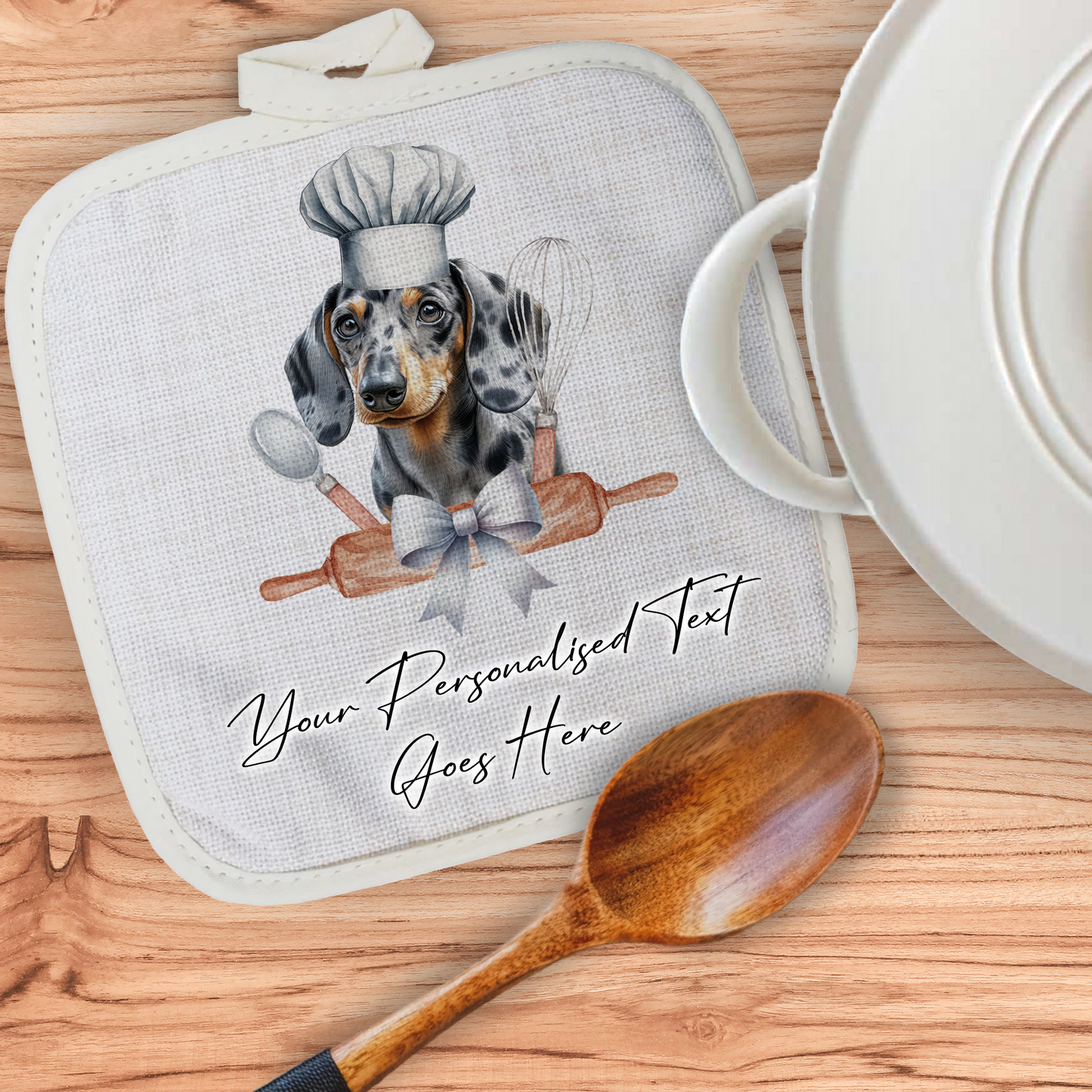 Personalised Dog In Chef Hat Gift Pot Holder / Grab - Dappled Silver Dachshund