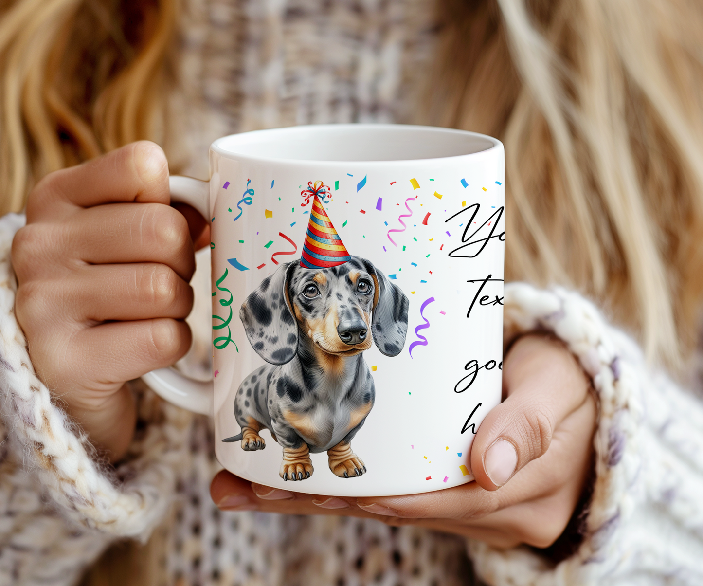 Personalised Dog Gift Mug - Dappled Silver Dachshund with Birthday Congratulations Party Hat