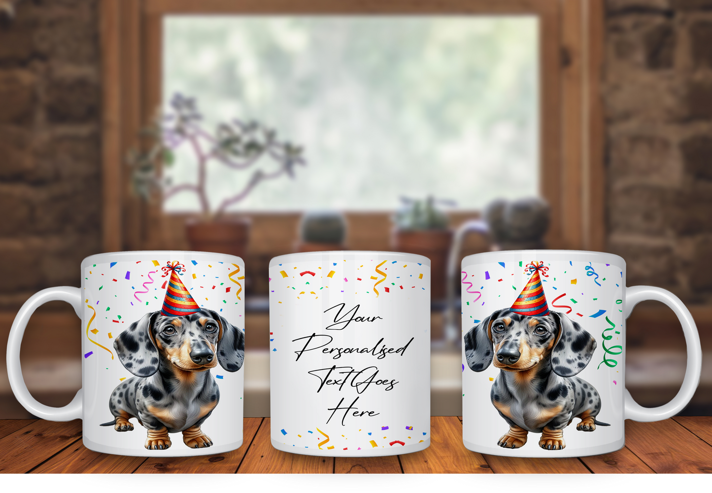 Personalised Dog Gift Mug - Dappled Silver Dachshund with Birthday Congratulations Party Hat