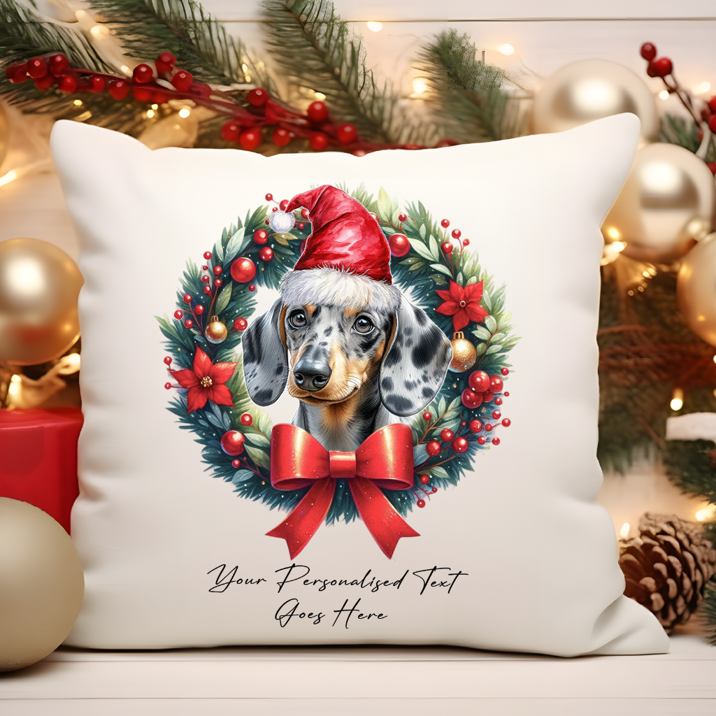 Personalised Dappled Silver Dachshund with Santa Hat in a Christmas wreath - Keepsake Gift cushion, by Floppsie Moppsie – floppsiemoppsie at floppsiemoppsie.co.uk