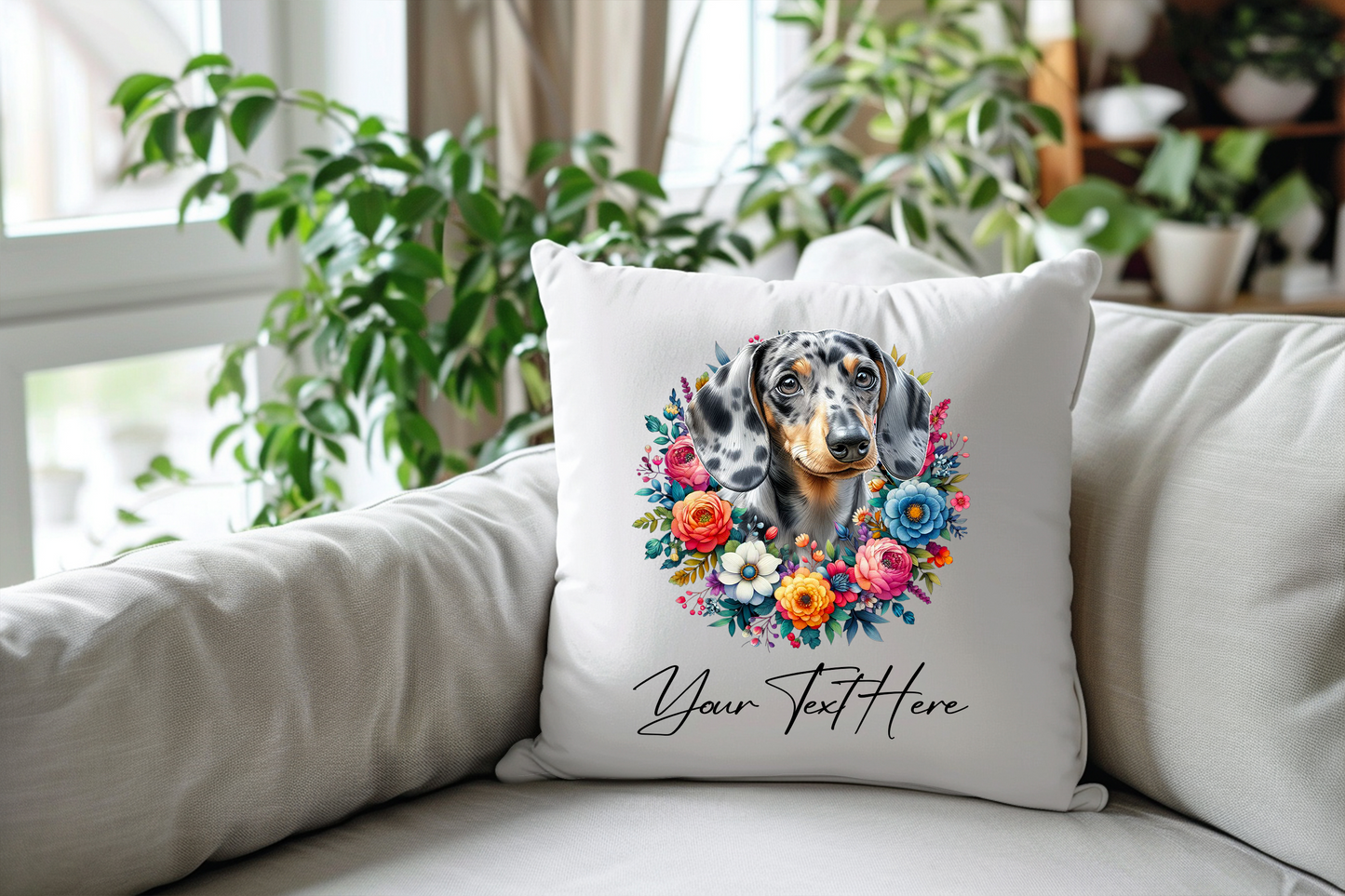 Personalised Floral Summer Pet Dog Wreath with Dappled Silver Dachshund - Keepsake Gift Cushion, by Floppsie Moppsie – floppsiemoppsie at floppsiemoppsie.co.uk