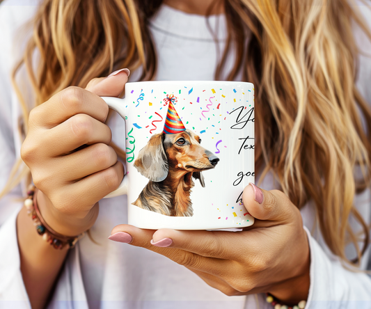 Personalised Dog Gift Mug - Dachshund with Birthday Congratulations Party Hat