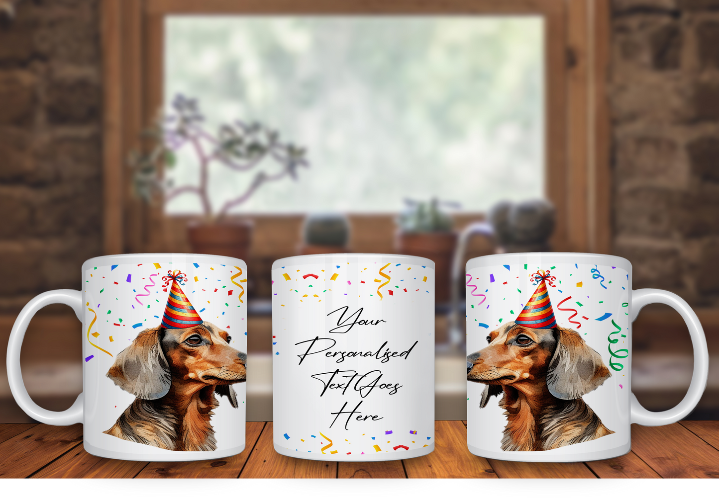 Personalised Dog Gift Mug - Dachshund with Birthday Congratulations Party Hat