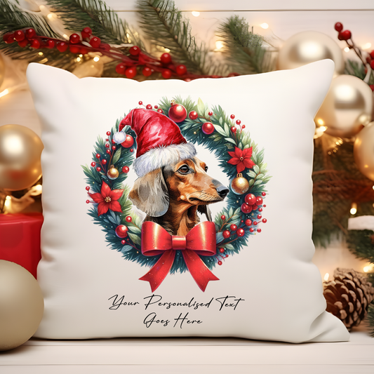 Personalised Dachshund with Santa Hat in a Christmas wreath - Keepsake Gift cushion, by Floppsie Moppsie – floppsiemoppsie at floppsiemoppsie.co.uk