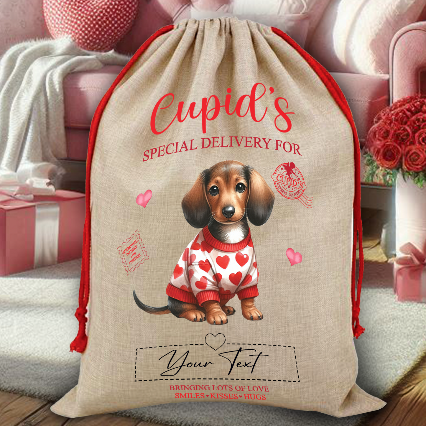 Personalised Dog Love Heart Valentine Anniversary Gift Sack - Dachshund