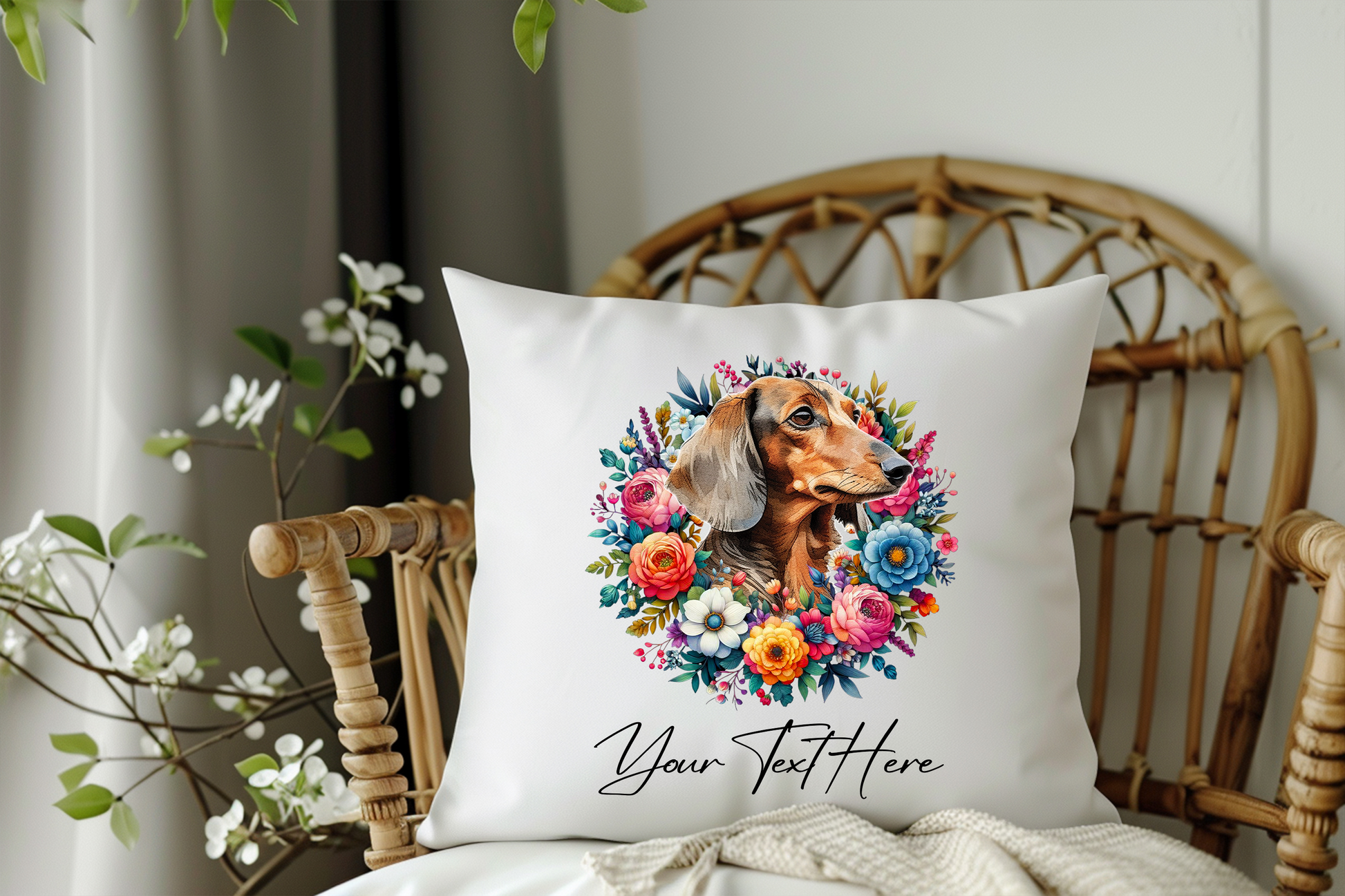 Personalised Floral Summer Pet Dog Wreath with Dachshund - Keepsake Gift Cushion, by Floppsie Moppsie – floppsiemoppsie at floppsiemoppsie.co.uk