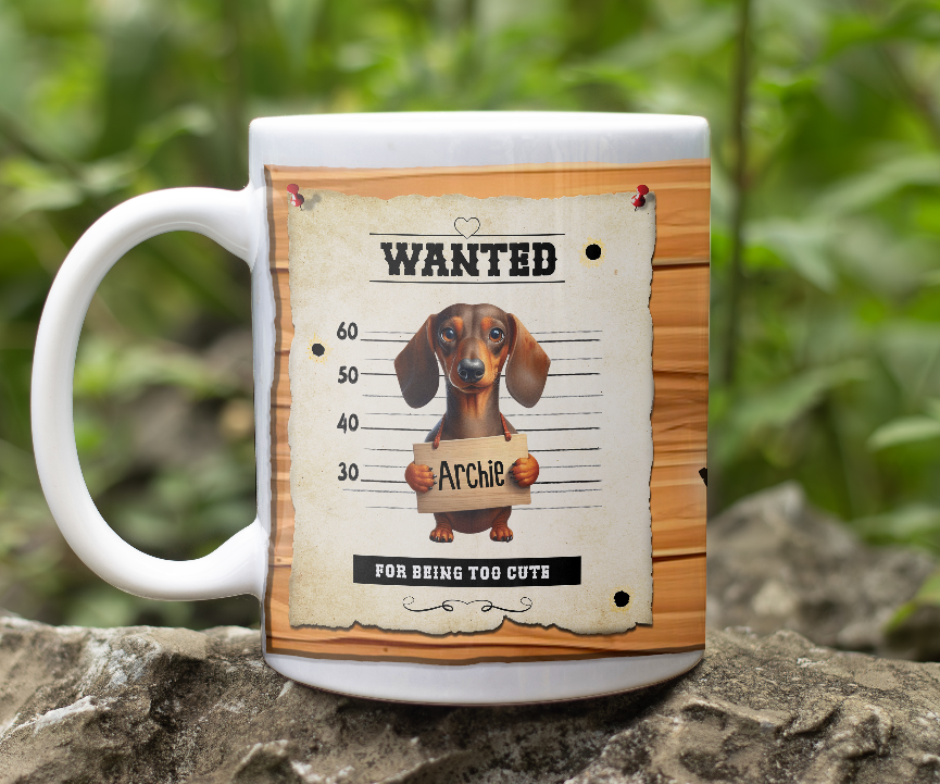 Personalised WANTED Pet Dog mug of a cute Dachshund on a wanted poster - Keepsake Gift, by Floppsie Moppsie – floppsiemoppsie at floppsiemoppsie.co.uk