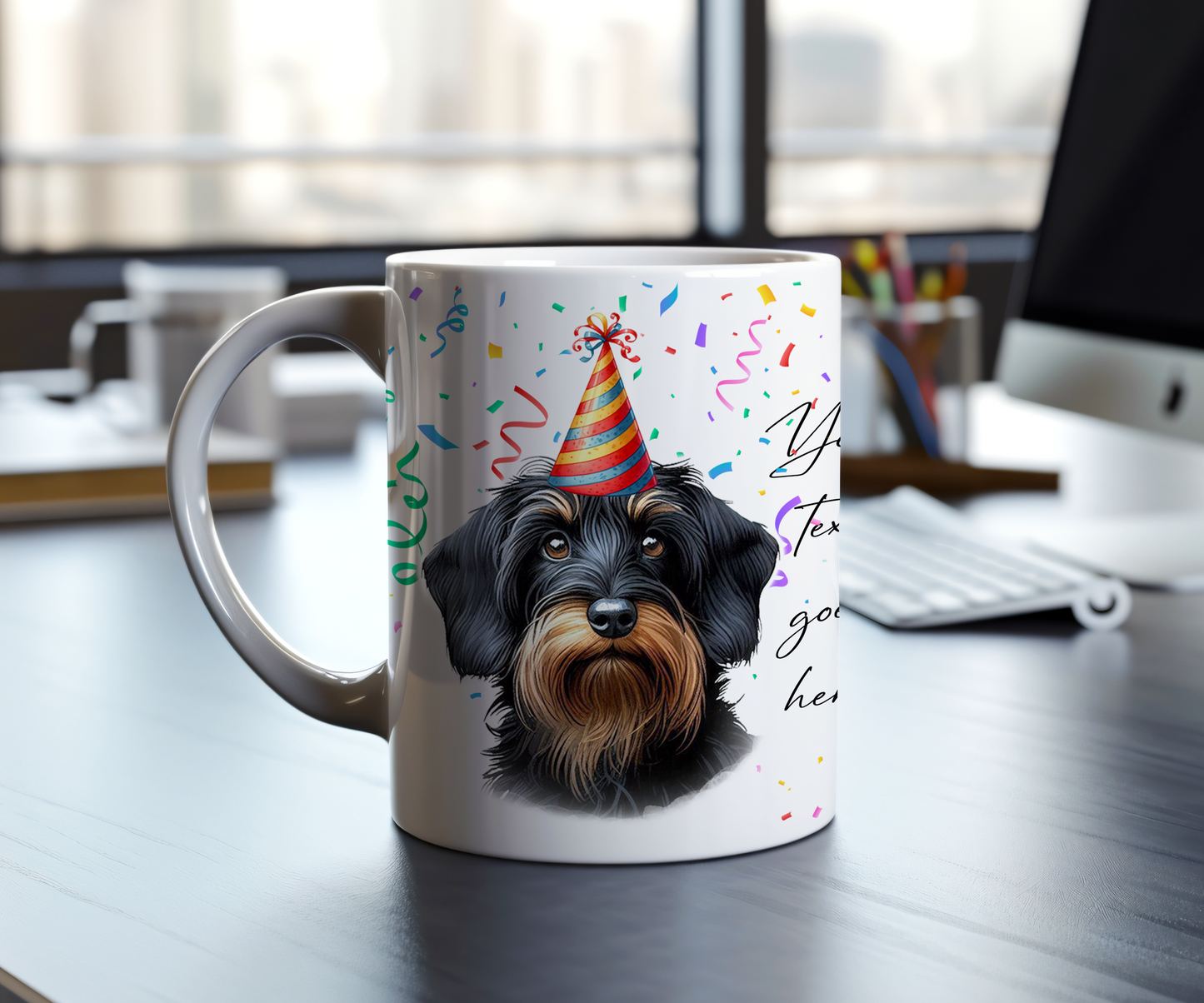 Personalised Dog Gift Mug - Wirehaired Dachshund with Birthday Congratulations Party Hat