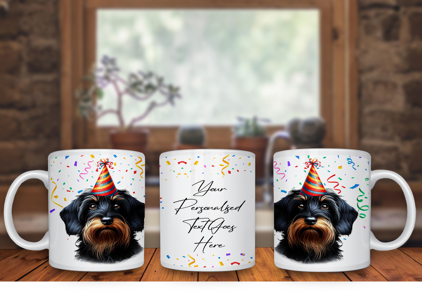 Personalised Dog Gift Mug - Wirehaired Dachshund with Birthday Congratulations Party Hat