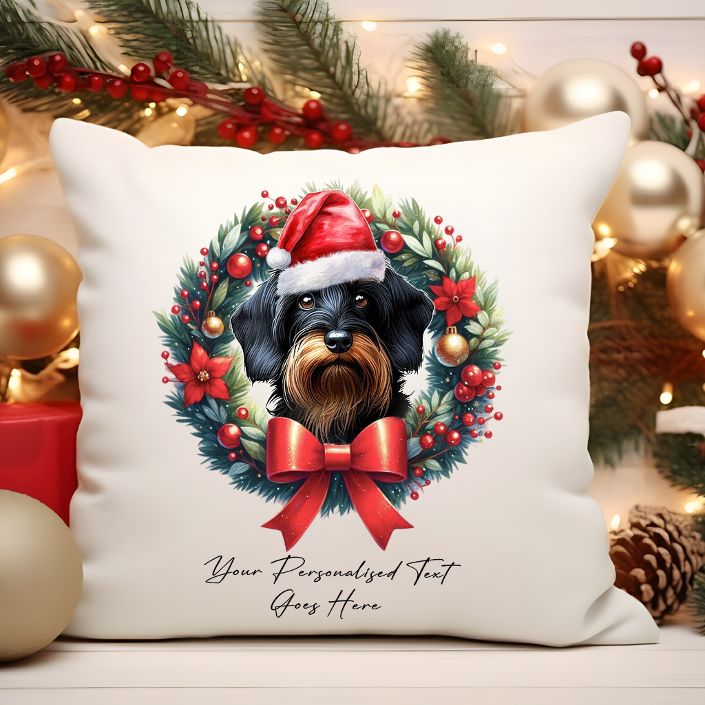 Personalised Wirehaired Dachshund with Santa Hat in a Christmas wreath - Keepsake Gift cushion, by Floppsie Moppsie – floppsiemoppsie at floppsiemoppsie.co.uk