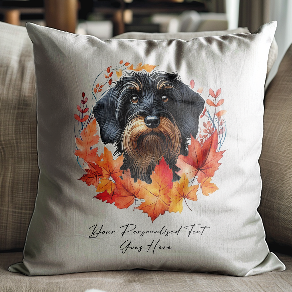 Personalised Wirehaired Dachshund in an Autumn wreath - Keepsake Gift cushion, by Floppsie Moppsie – floppsiemoppsie at floppsiemoppsie.co.uk