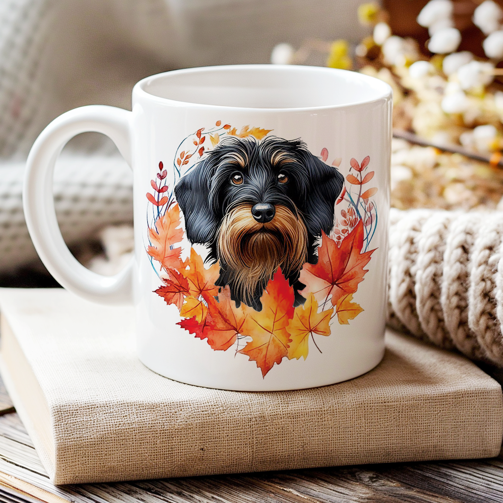 Personalised Wirehaired Dachshund in an Autumn wreath - Keepsake Mug, ideal gift for Birthday and Christmas Gift, by Floppsie Moppsie – floppsiemoppsie at floppsiemoppsie.co.uk