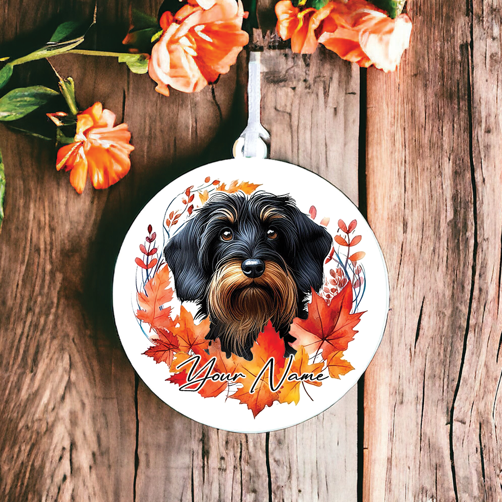 Personalised Dog Wirehaired Dachshund in an autumn wreath - Keepsake Gift Hanging Decoration, by Floppsie Moppsie – floppsiemoppsie at floppsiemoppsie.co.uk