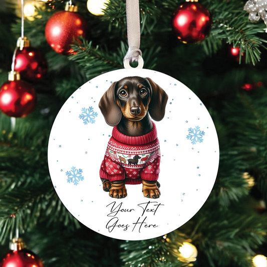 A Personalised Dachshund Jumper Dog Hanging Bauble Decoration