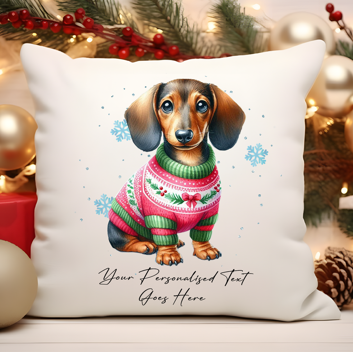 Personalised Dachshund Dog Christmas jumper Cushion Cover Gift - Style A