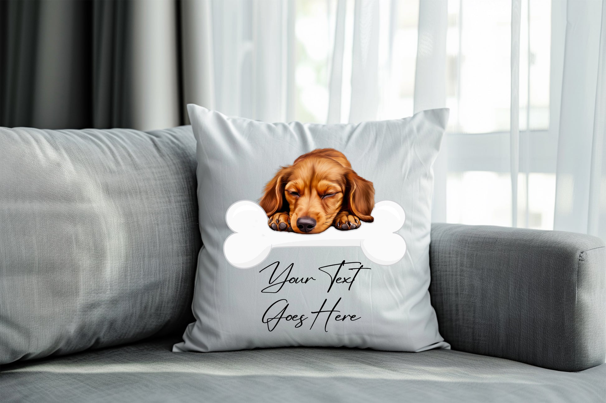 Personalised Dachshund sleeping on a bone Pet Dog Keepsake Gift Cushion, by Floppsie Moppsie – floppsiemoppsie at floppsiemoppsie.co.uk