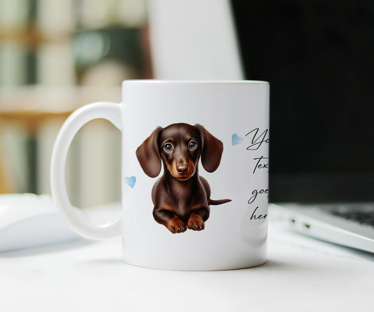 Personalised Dog Gift Mug - Chocolate Dachshund with Custom Message and Optional Hearts