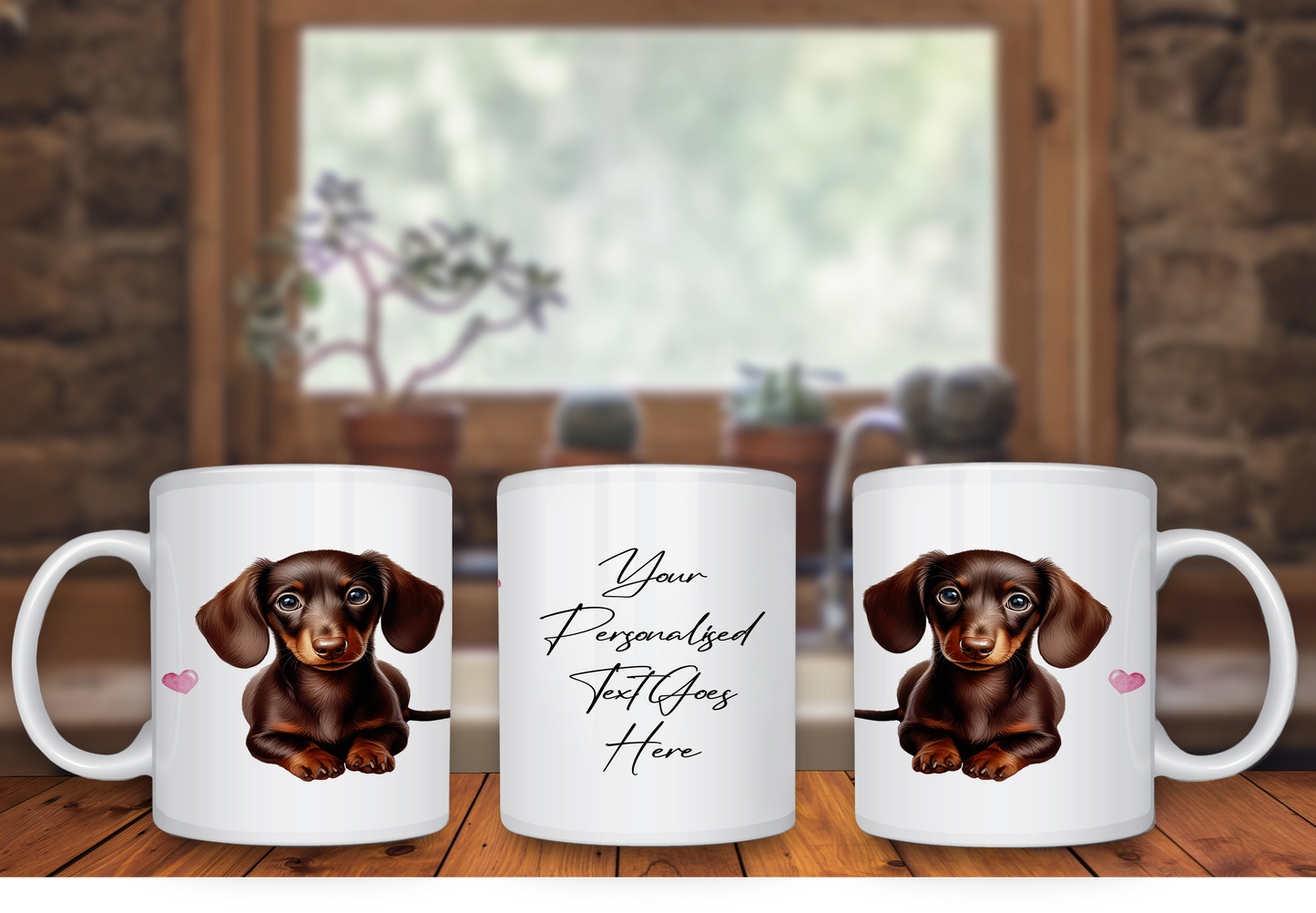 Personalised Dog Gift Mug - Chocolate Dachshund with Custom Message and Optional Hearts