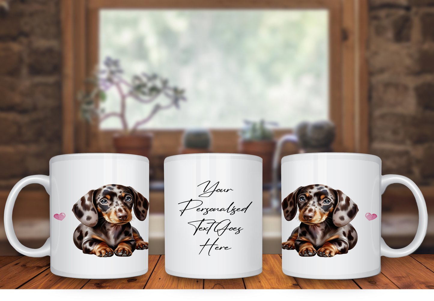 Personalised Dog Gift Mug - Dappled Chocolate Dachshund with Custom Message and Optional Hearts